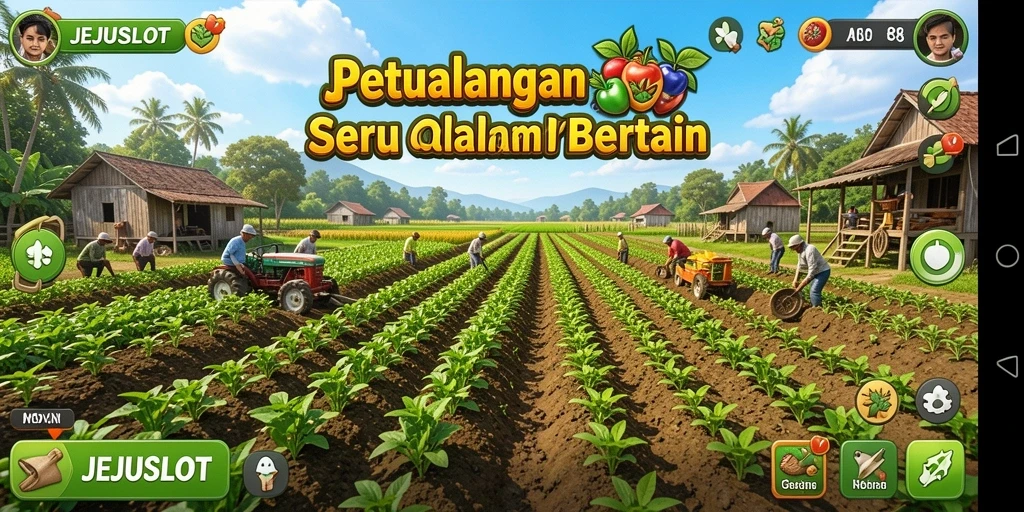 Tampilan seru gameplay dalam JEJUSLOT dengan aktivitas bertani yang menarik.