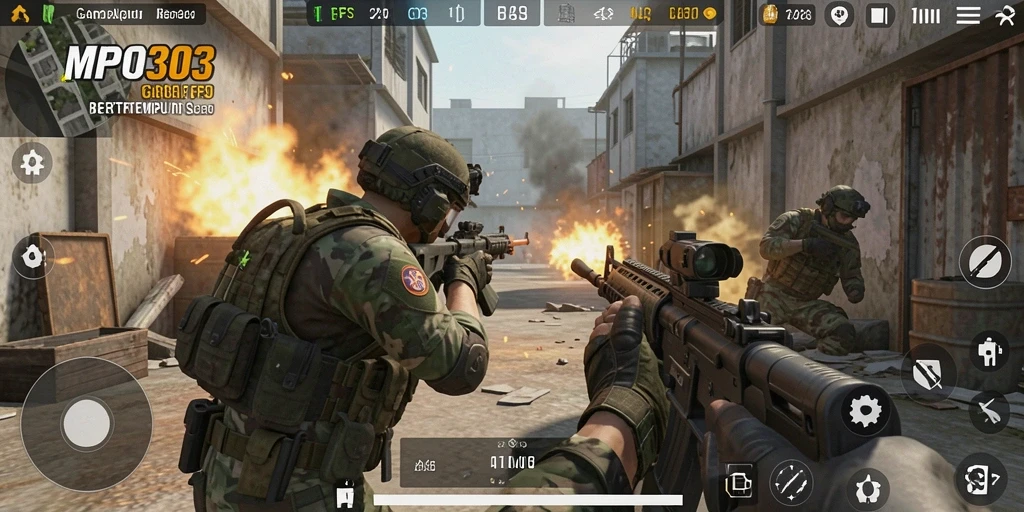 Screenshot gameplay MPO303 menunjukkan aksi tembak-menembak yang mendebarkan.