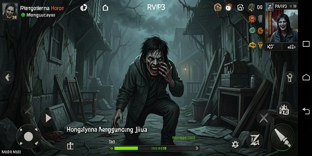 Screenshot gameplay RVIP3 menunjukkan suasana mencekam dan karakter yang menakutkan.